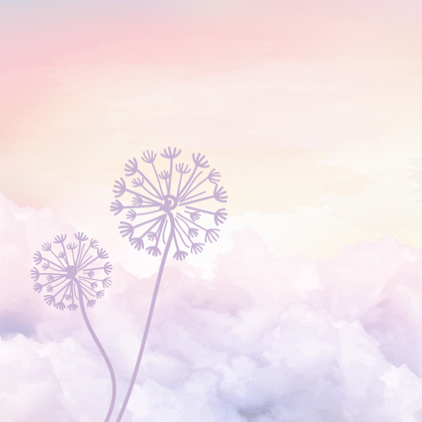 Two stylized dandelions with delicate purple seeds stand against a soft pastel sky with fluffy clouds. Description generated by AI