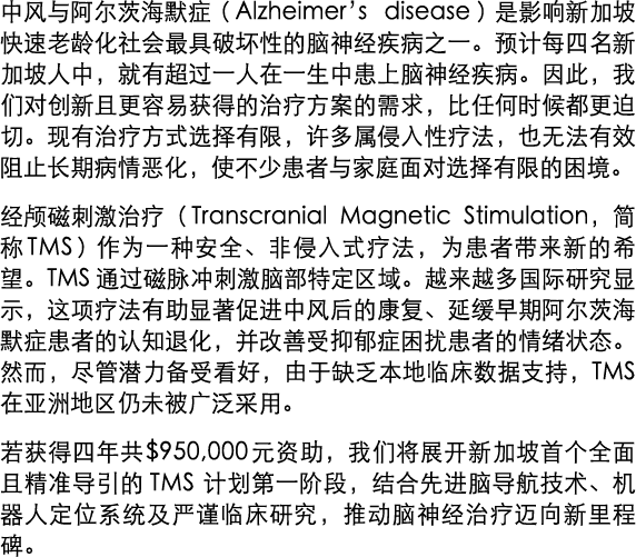 中风与阿尔茨海默症（Alzheimer’s disease）是影响新加坡快速老龄化社会最具破坏性的脑神经疾病之一。预计每四名新加坡人中，就有超过一人在一生中患上脑神经疾病。因此，我们对创新且更容易获得的治疗方案的需求，比任何时候都更迫...