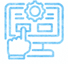 A blue and white computer monitor with a hand pointing at the screen. Description generated by AI