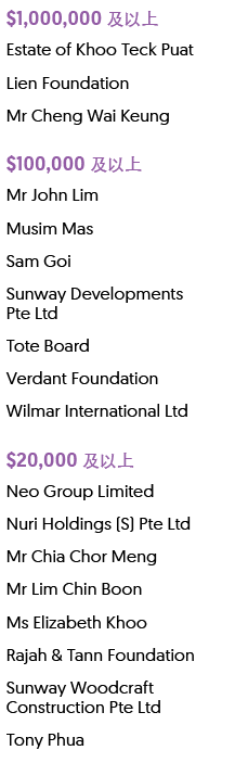 $1,000,000 及以上,Estate of Khoo Teck Puat,Lien Foundation,Mr Cheng Wai Keung,$100,000 及以上,Mr John Lim,Musim Mas,Sam Goi...