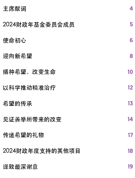 主席献词,4,2024财政年基金委员会成员,5,使命初心,6,迎向新希望,8,播种希望，改变生命,10,以科学推动精准治疗,12,希望的传承,13,见证善举所带来的改变,14,传递希望的礼物,17,2024财政年度支持的其他项目,18...