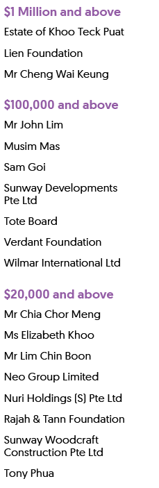 $1 Million and above,Estate of Khoo Teck Puat,Lien Foundation,Mr Cheng Wai Keung,$100,000 and above,Mr John Lim,Musim...